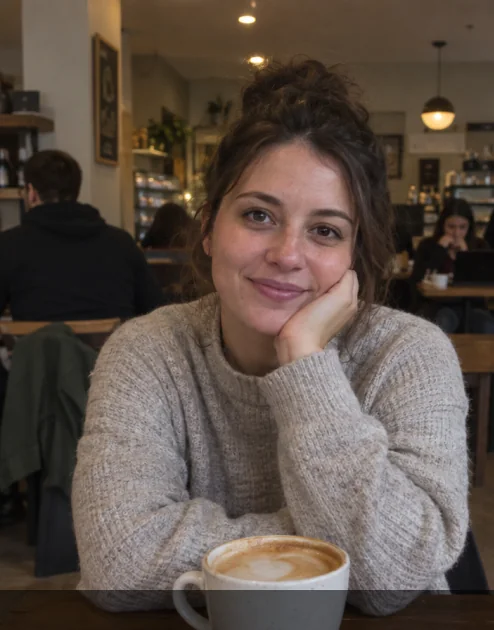 A woman in a café photographed under flat overhead light, with a busy background