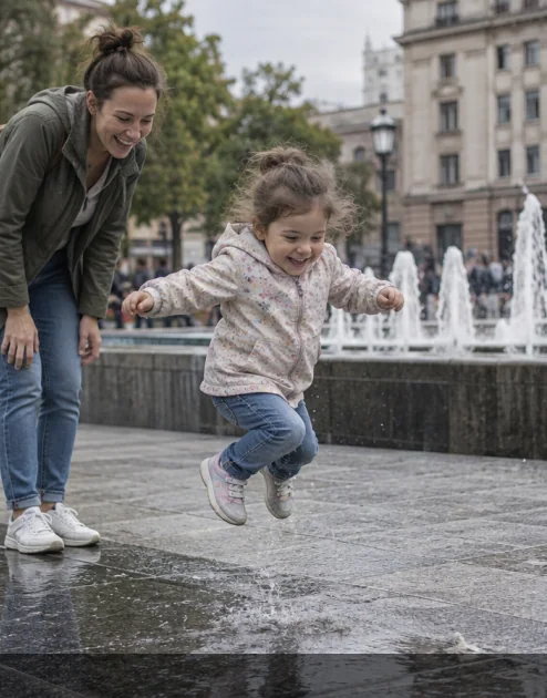 The same child photographed a second later, mid-jump and laughing