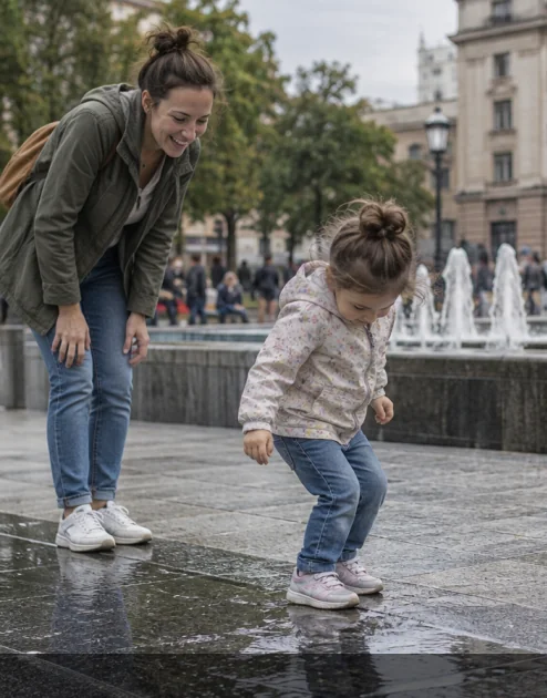 A child by a fountain, caught mid-step looking down at the ground