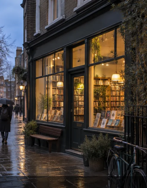 The same bookshop after editing, the warm window light restored against the blue evening