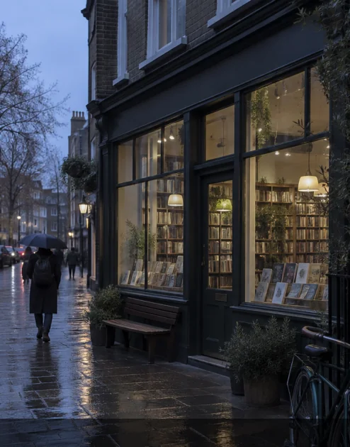 A bookshop at dusk, photographed flat and cold, with the window light lost