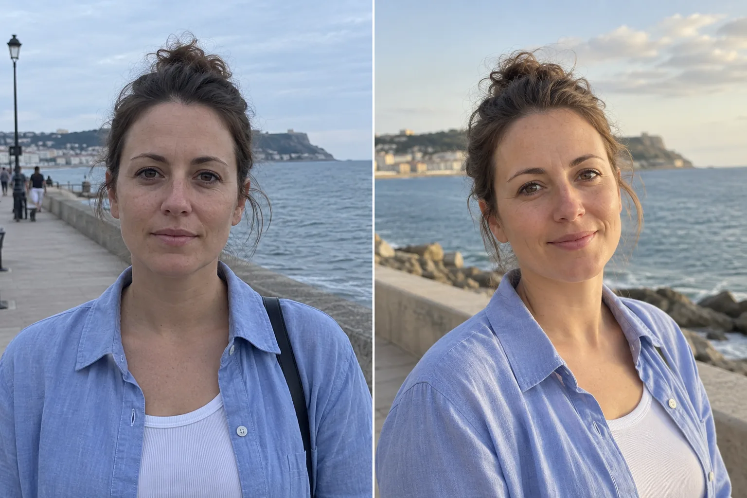 Split view: cooler, flatter light on the left before the edit, warmer light and richer color on the right after the edit