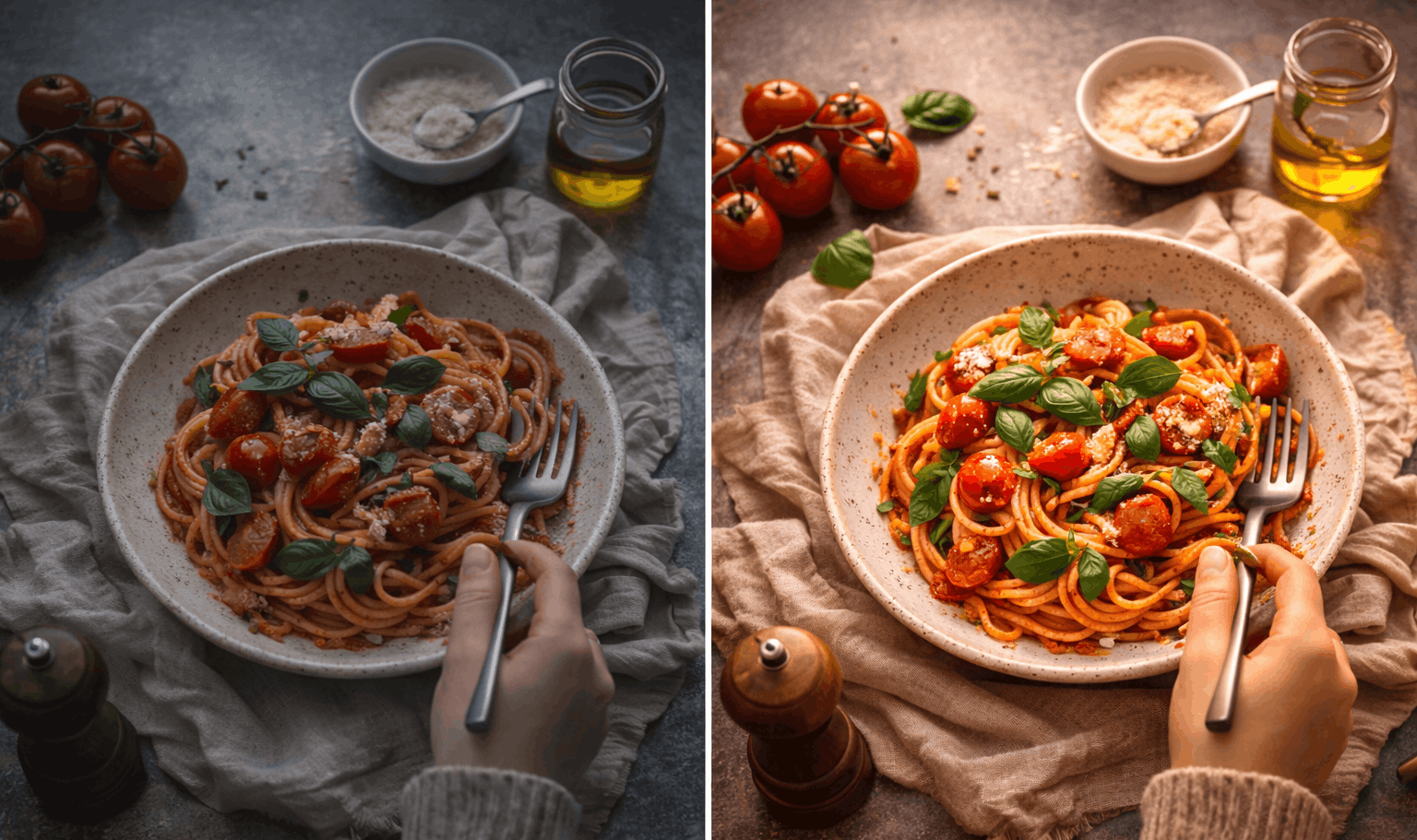 Food photo before and after purposeful editing