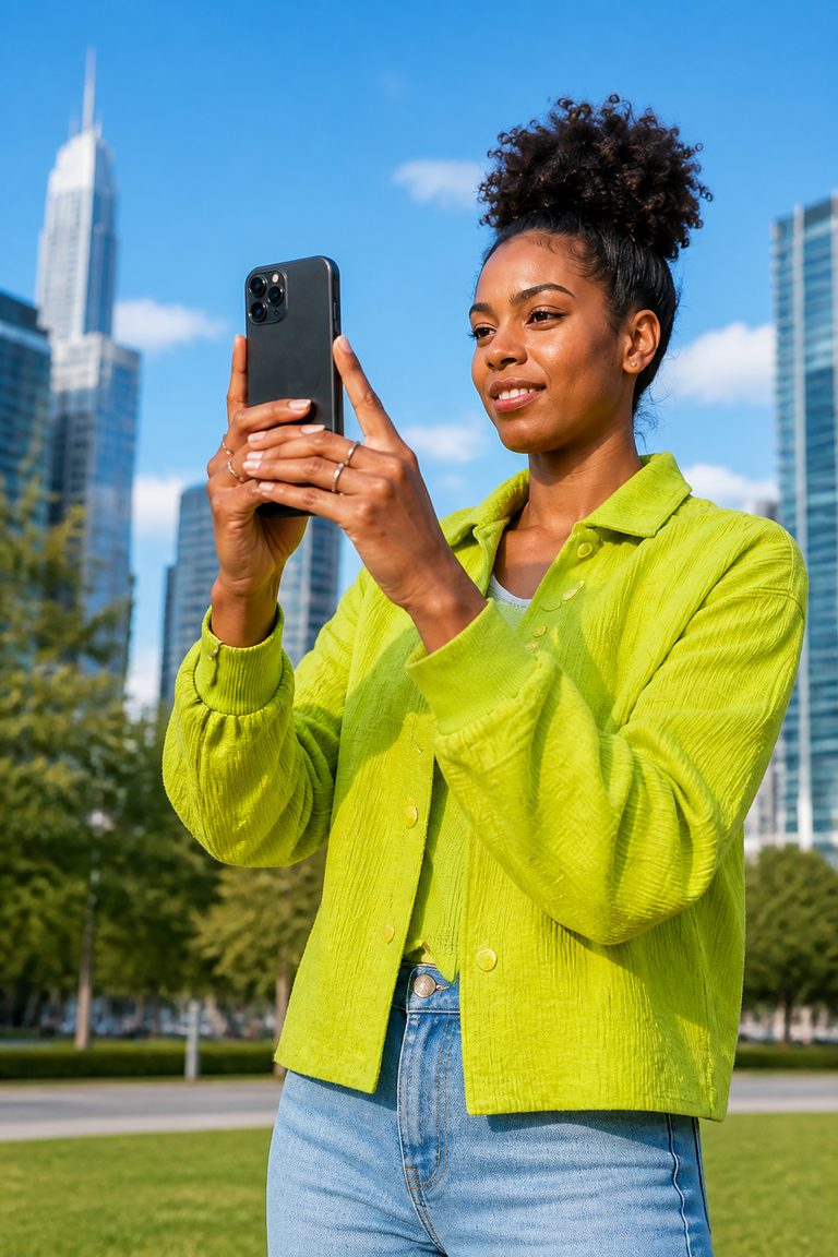 A woman in a lime shirt composing an urban photograph with her smartphone