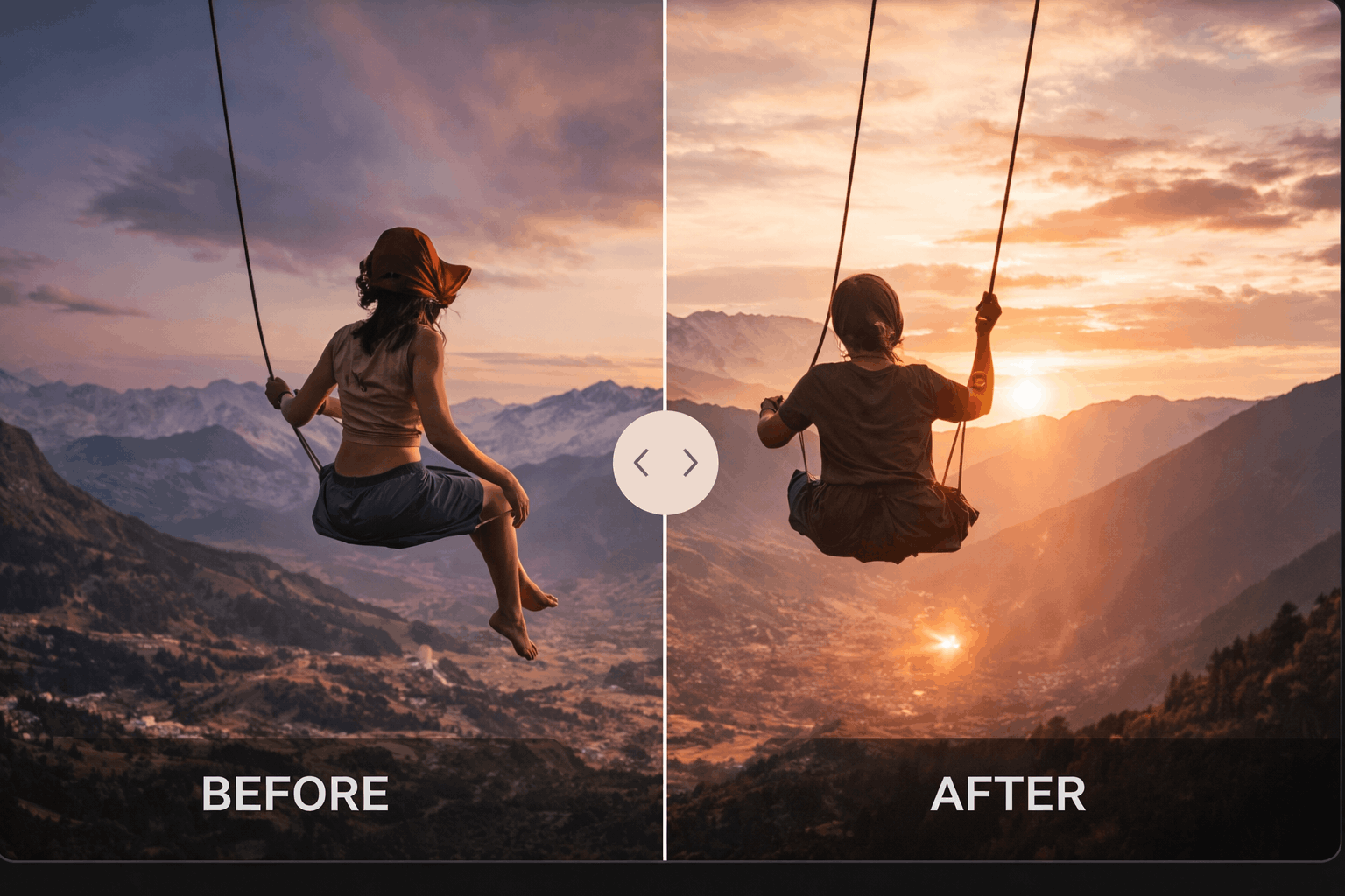 Before and after of a mountain swing photograph