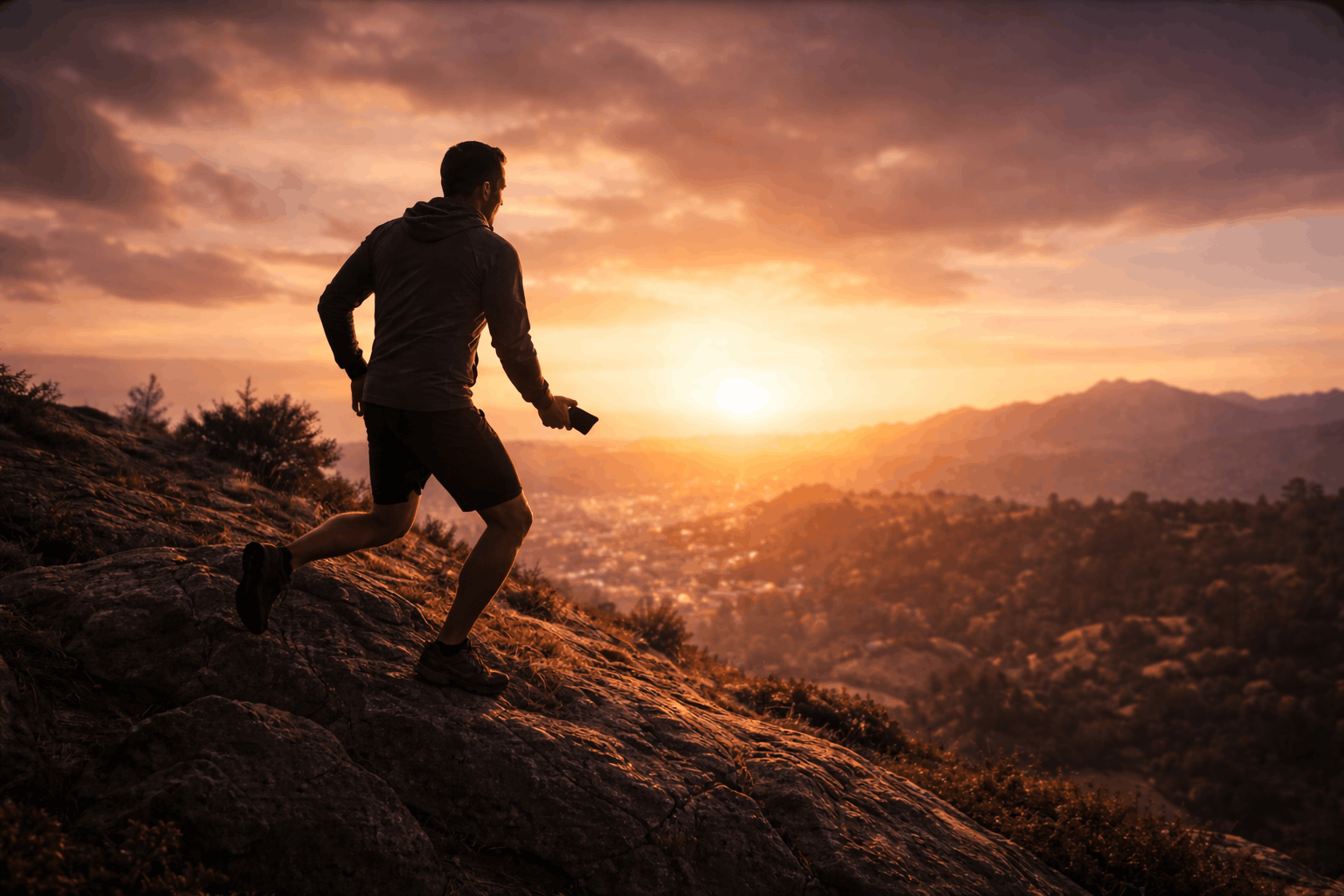 Person photographing a mountain landscape at sunset