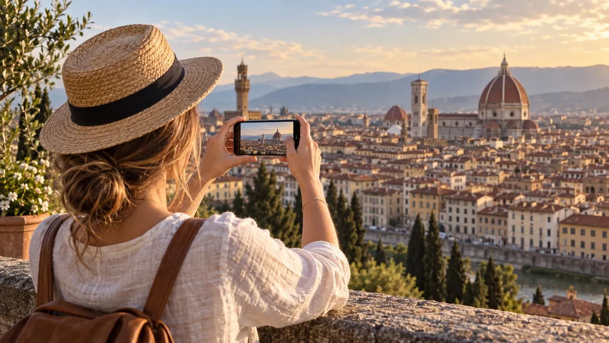 A person photographing a city skyline with their phone