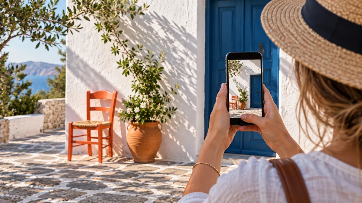 Close-up of two hands framing a shot on a phone screen