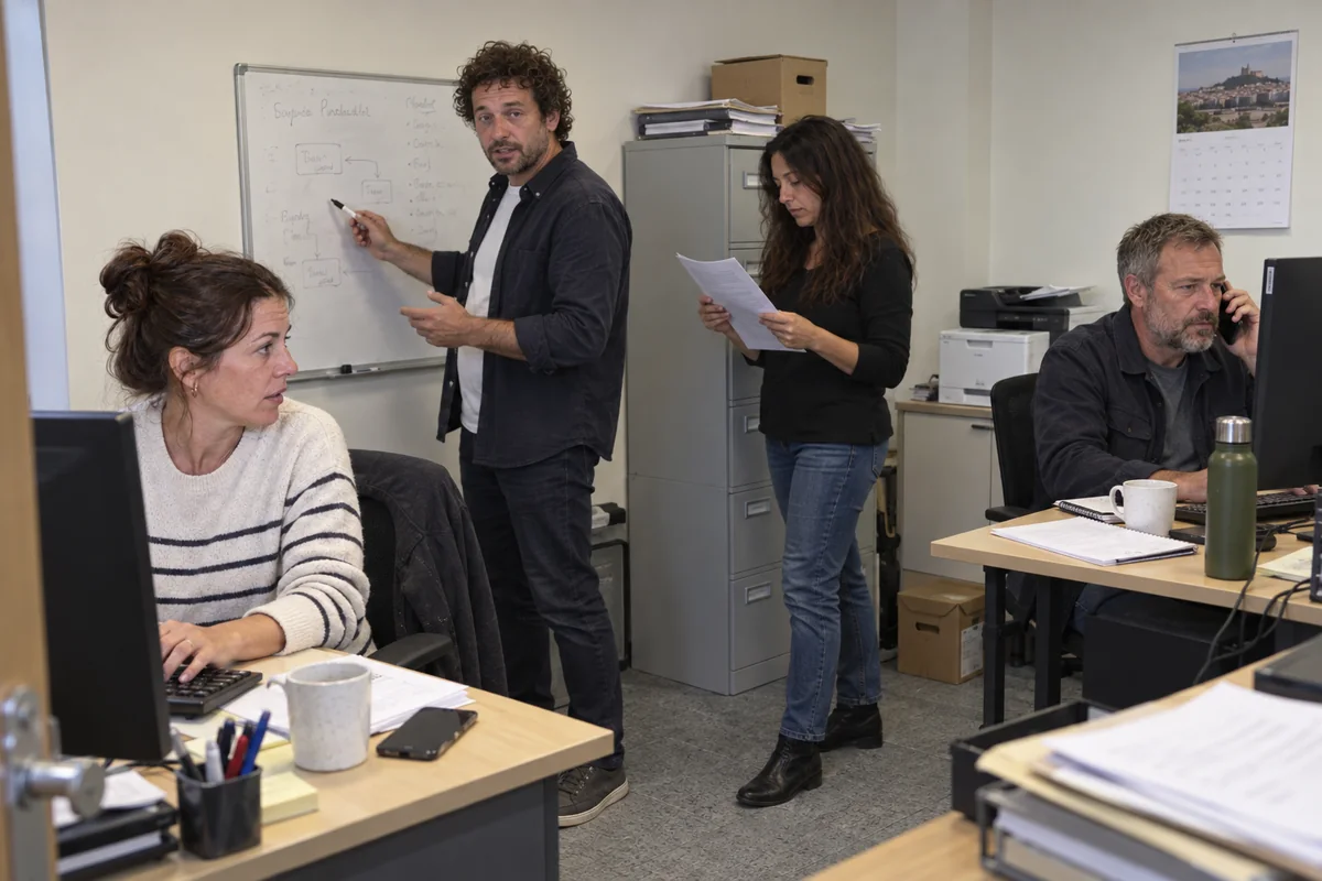Part of the Frame Habit team at work in the office: one person at a whiteboard, others reviewing notes and on a call